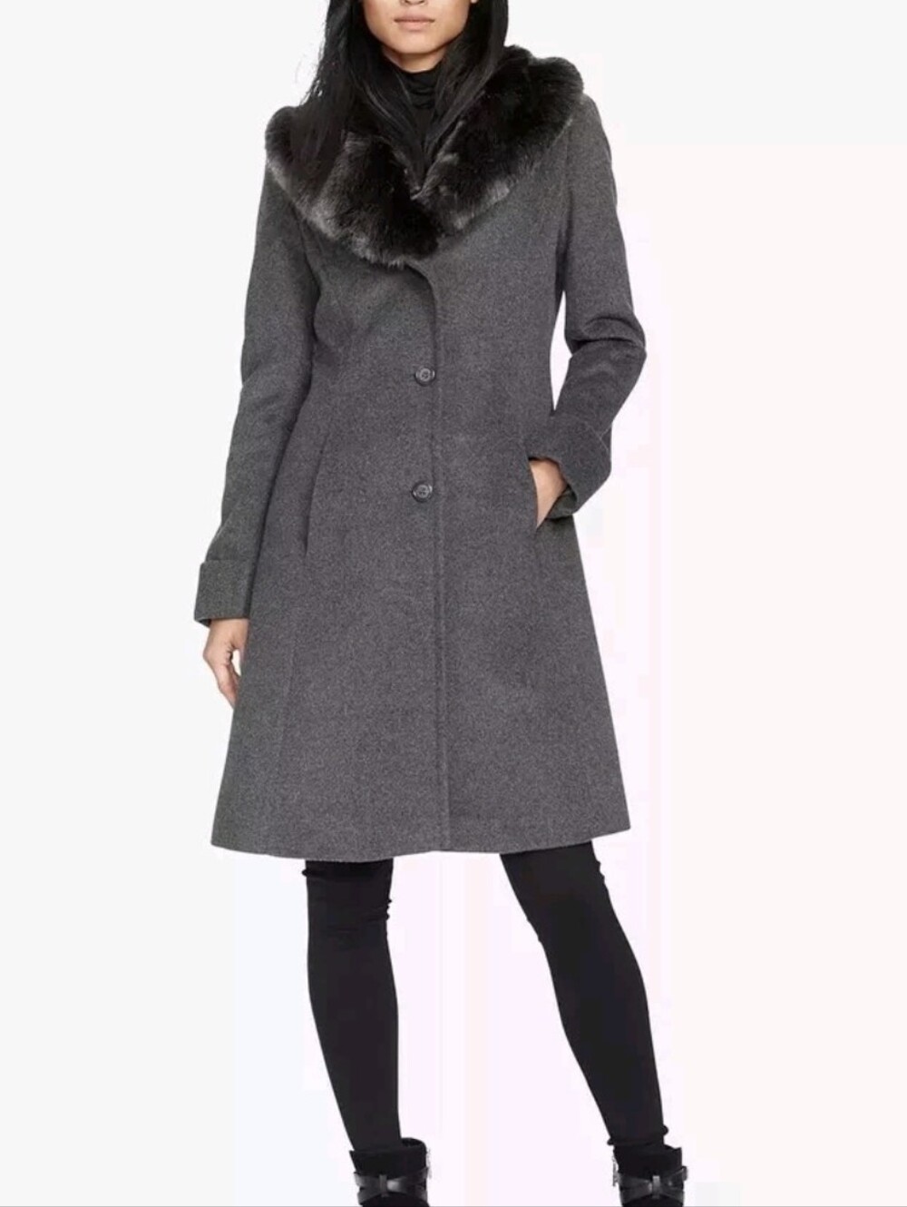 Lauren Ralph Lauren Charcoal Wool Blend Faux Fur Collar Coat Lined 22W